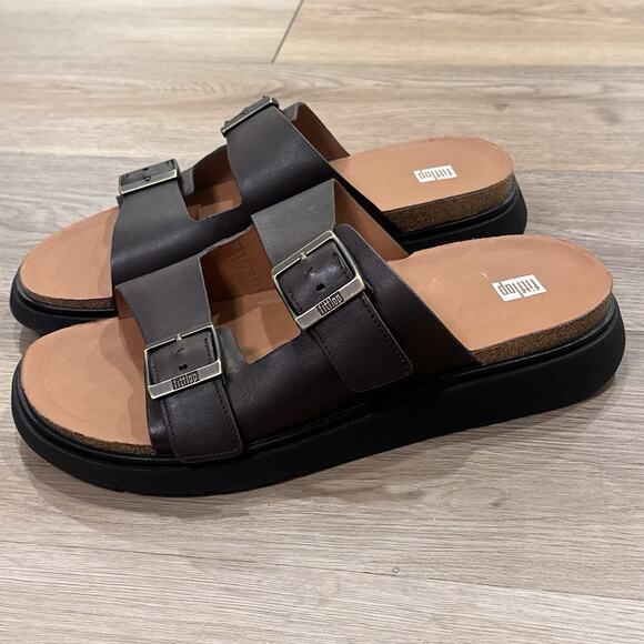 FitFlop NEW GEN-FF Men’s 12 Buckle Two-Bar Brown Leather Slides Sandals